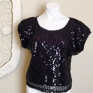 Laundry | Purple Black Sequin Short Sleeve Top S